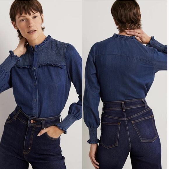 Boden Tops - Boden Denim Smocked High Neck Blouse Size 10